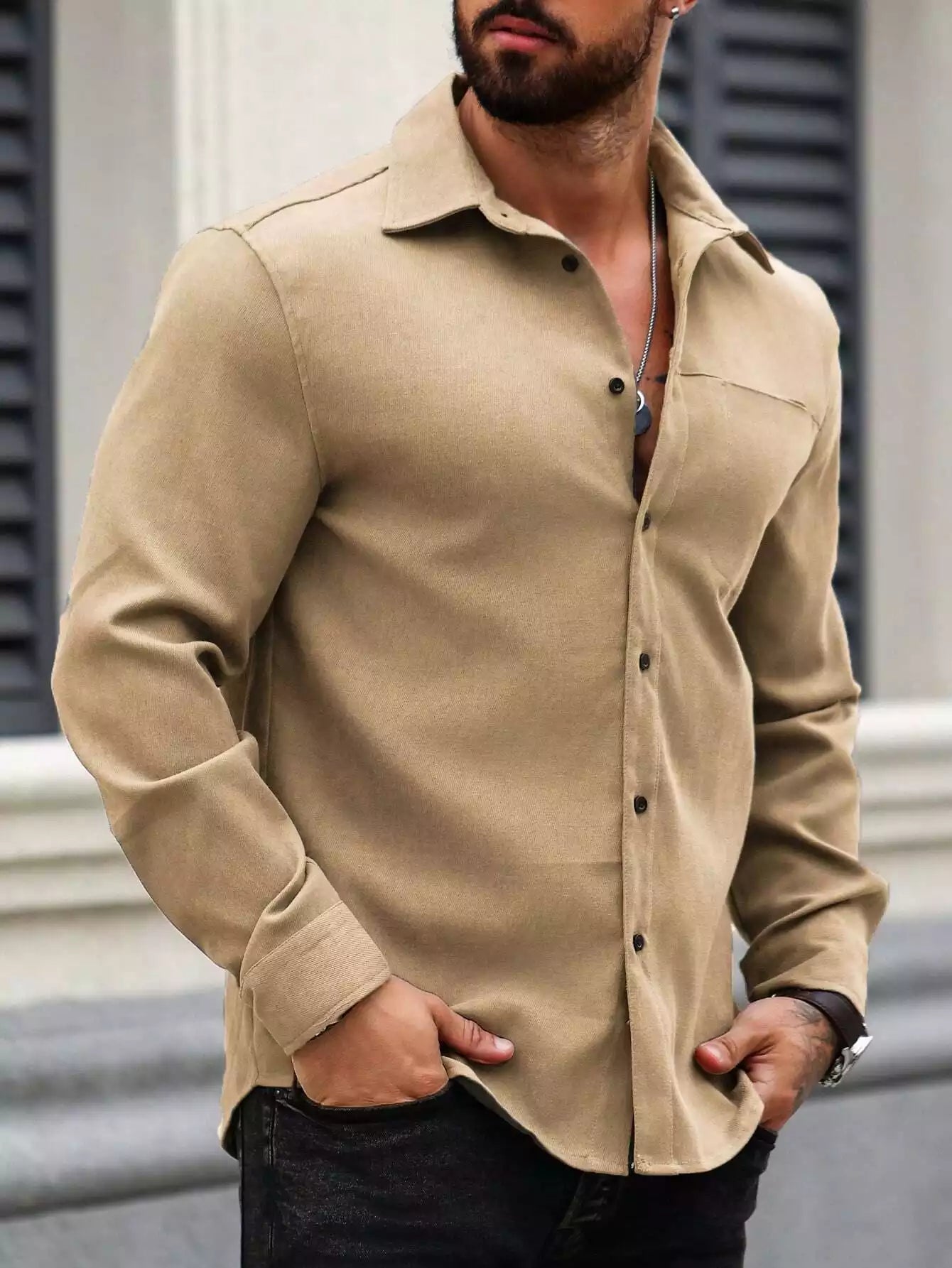 Men Spring And Summer Solid Color Loose Casual Long-Sleeved Shirt Khaki Color
