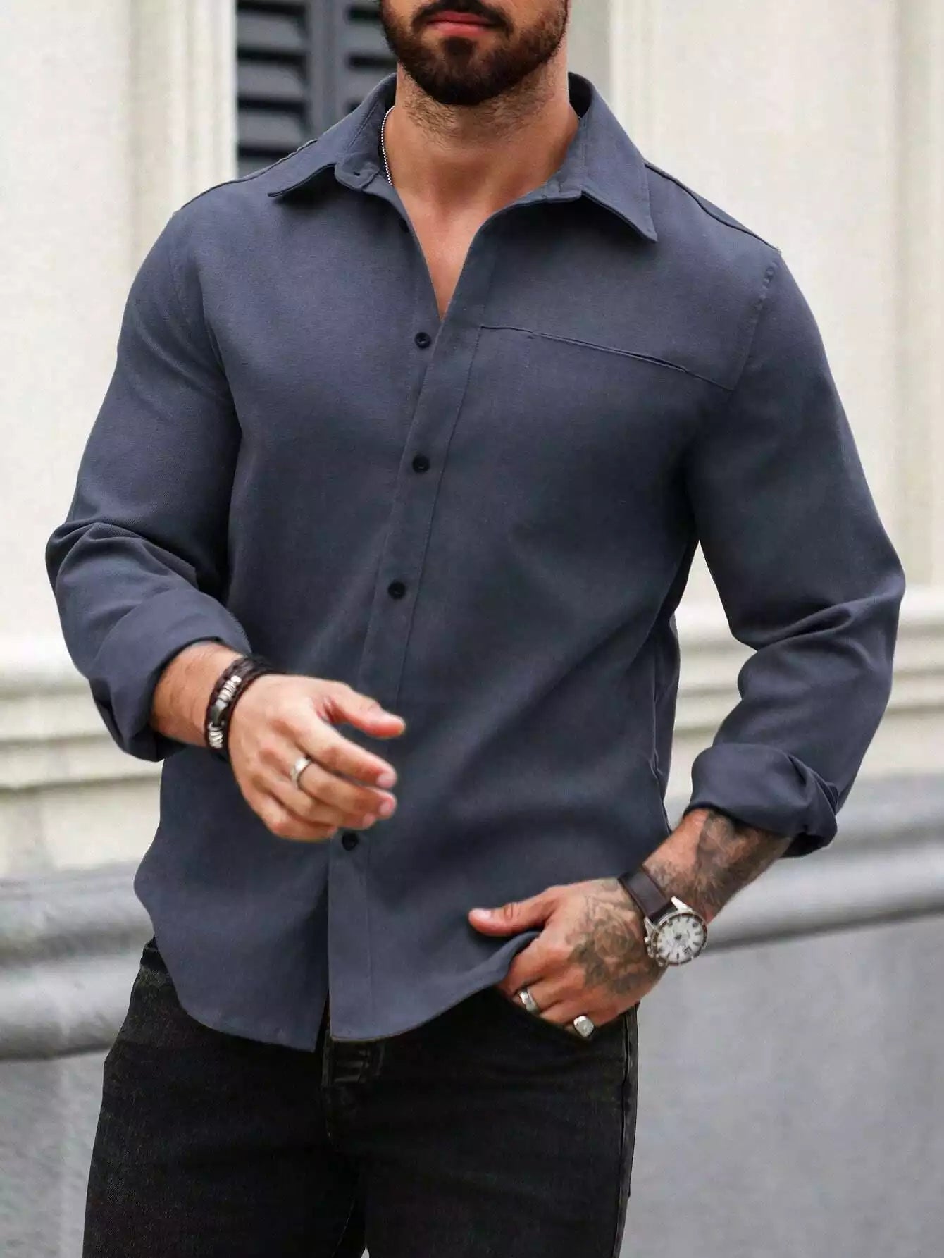 Men Spring And Summer Solid Color Loose Casual Long-Sleeved Shirt Navy Blue Color
