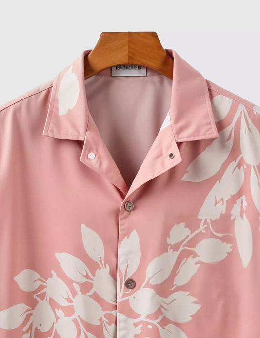 PINK FLORAL WORK DESIGNER MEN'S HALF SLEEVES PRINTED SHIRT