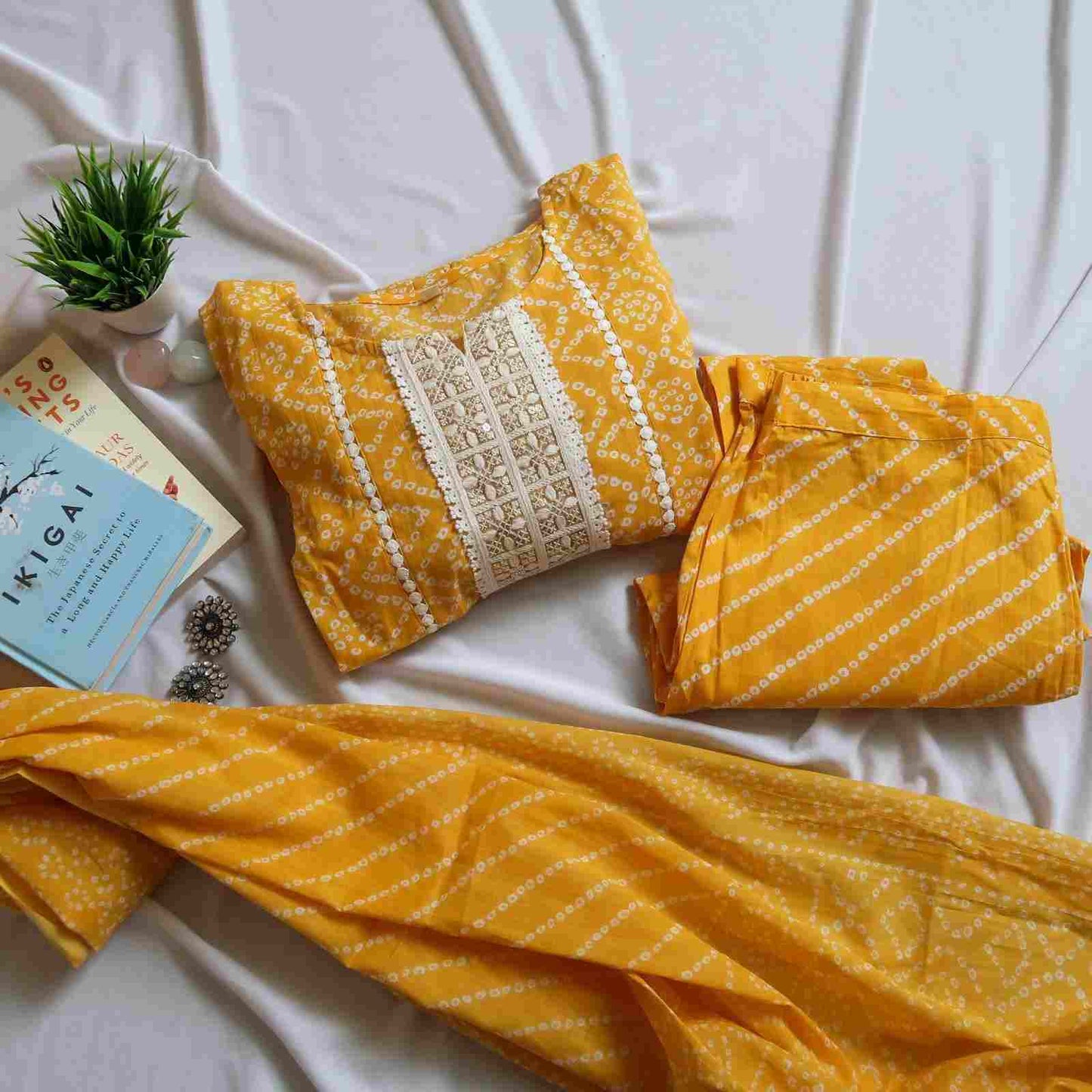 SALE: Gold Yellow Bandhej Romance Suit (3 piece)