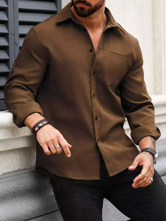Men Spring And Summer Solid Color Loose Casual Long-Sleeved Shirt Brown Color