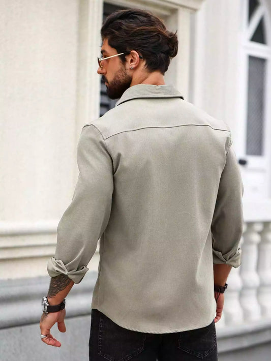 Men Spring And Summer Solid Color Loose Casual Long-Sleeved Shirt Grey Color