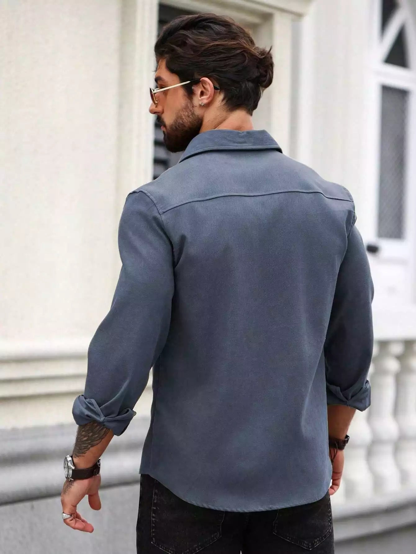 Men Spring And Summer Solid Color Loose Casual Long-Sleeved Shirt Navy Blue Color