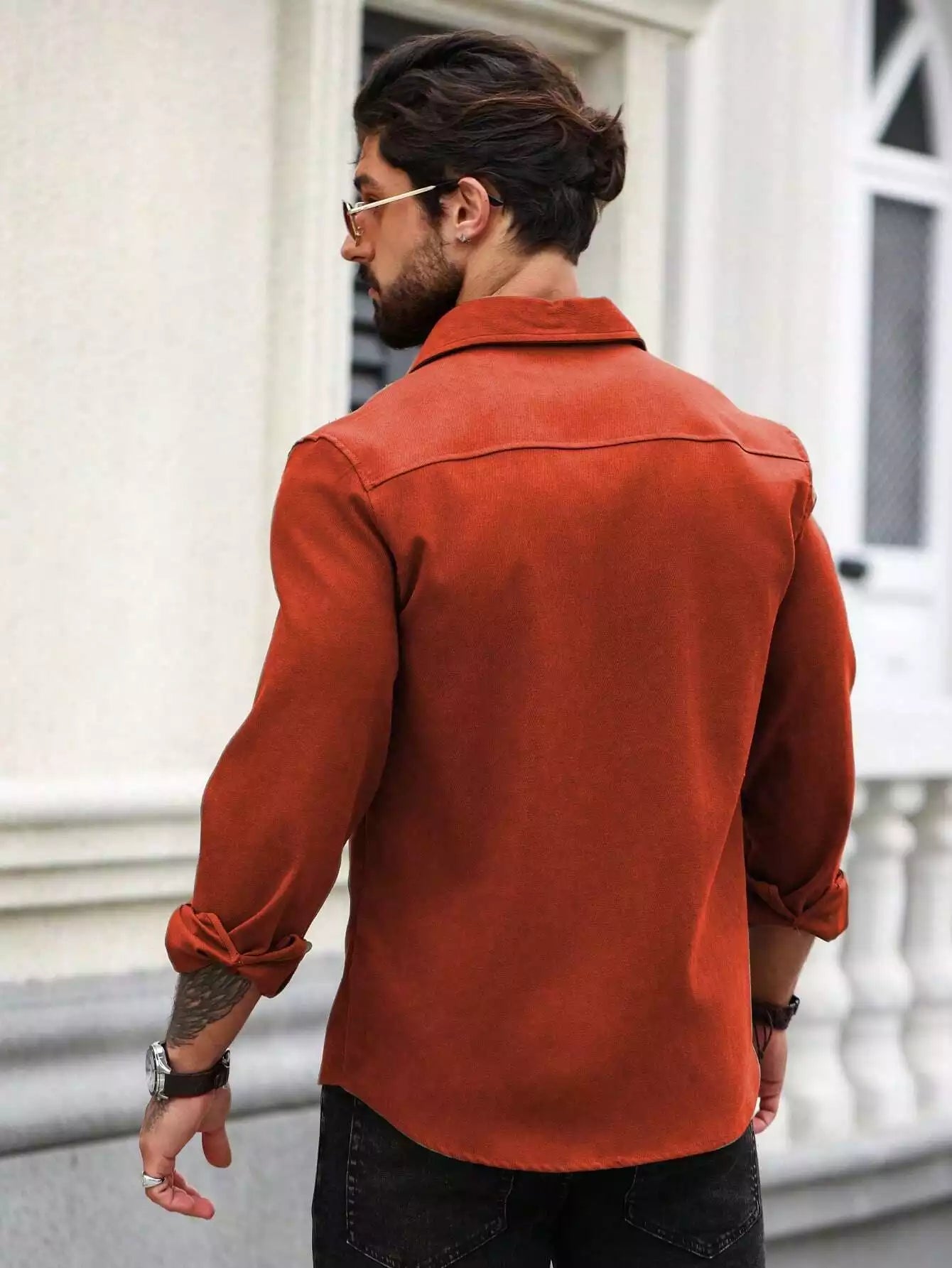 Men Spring And Summer Solid Color Loose Casual Long-Sleeved Shirt Orange Color