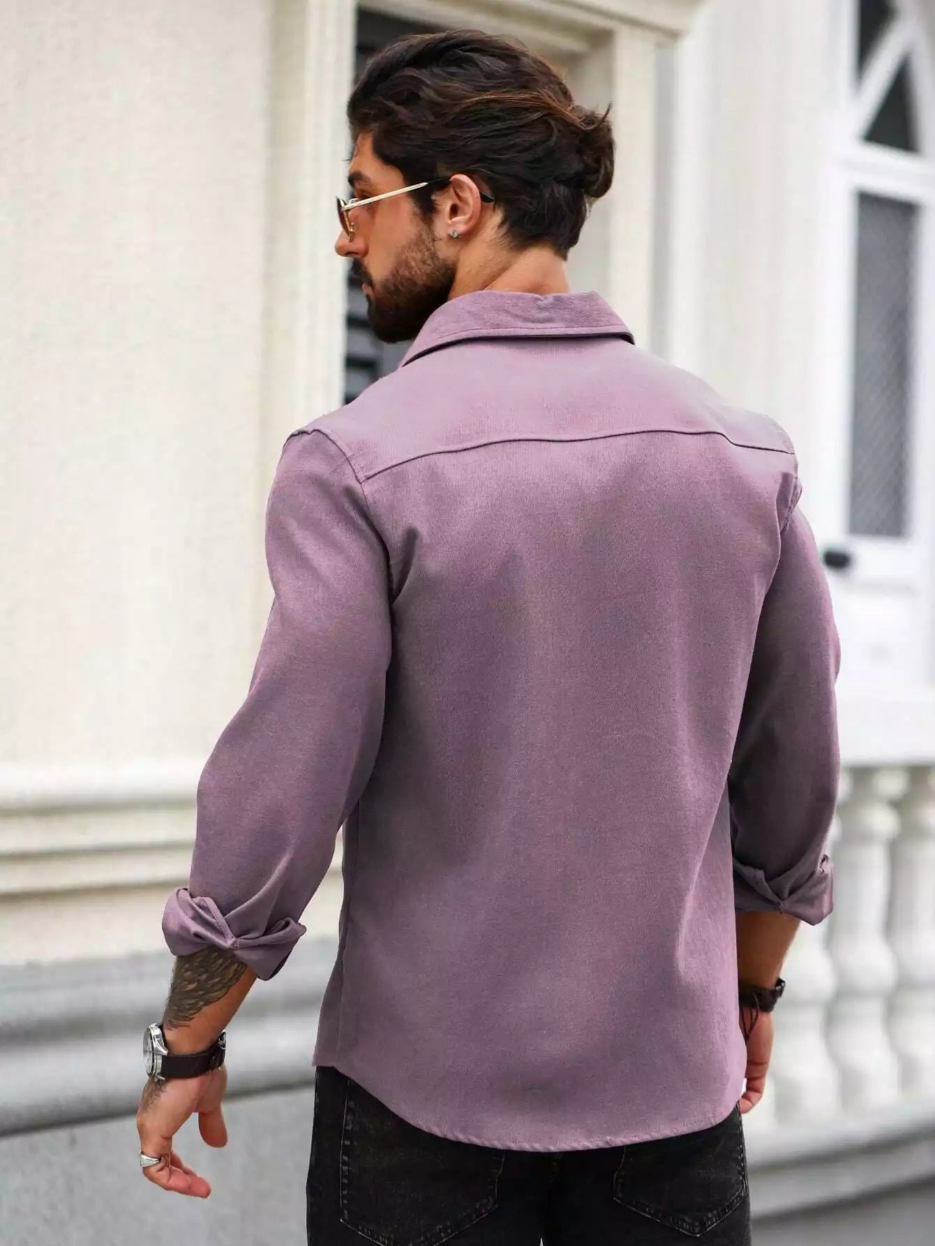 Men Spring And Summer Solid Color Loose Casual Long-Sleeved Shirt Purple Color