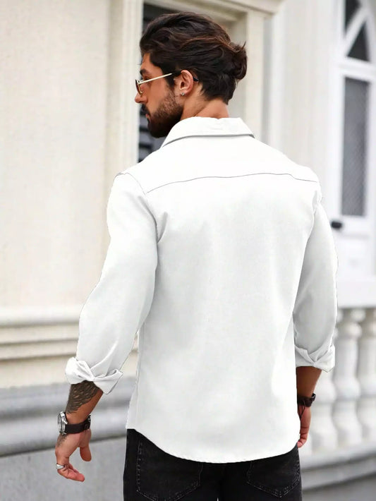 Men Spring And Summer Solid Color Loose Casual Long-Sleeved Shirt White Color