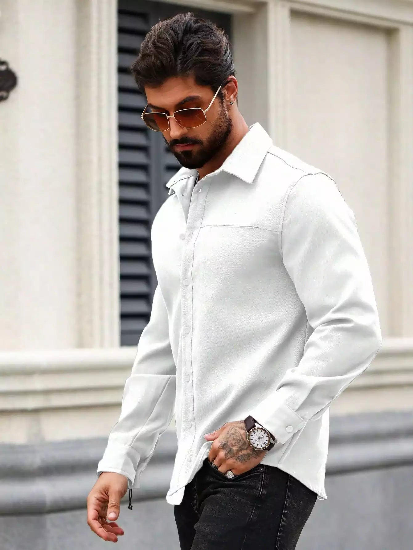 Men Spring And Summer Solid Color Loose Casual Long-Sleeved Shirt White Color
