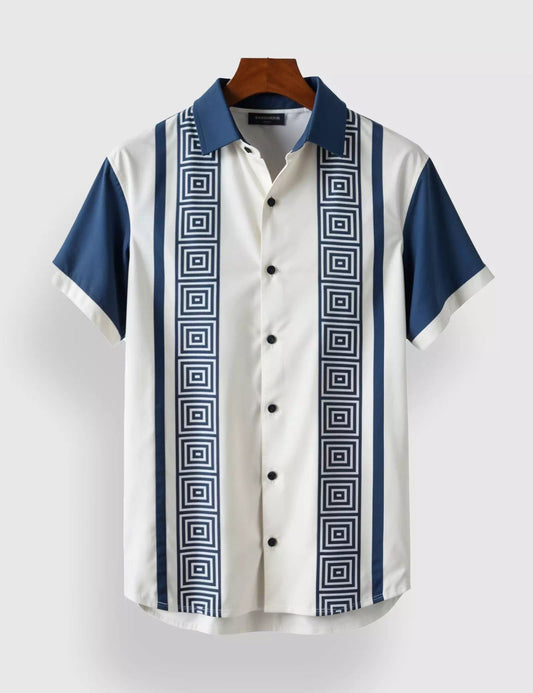 BLUE AND WHITE STRIPED DESIGNER MEN'S HALF SLEEVES PRINTED SHIRT