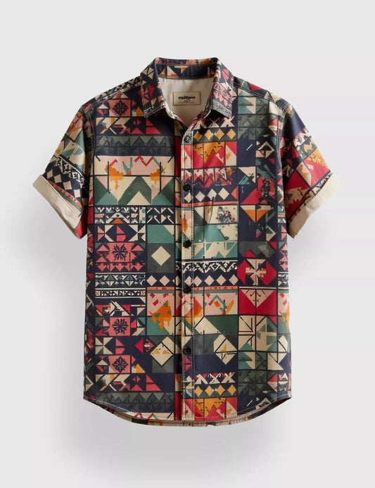 MULTICOLOR GEOMETRIC DESIGNER MEN'S HALF SLEEVES PRINTED SHIRT