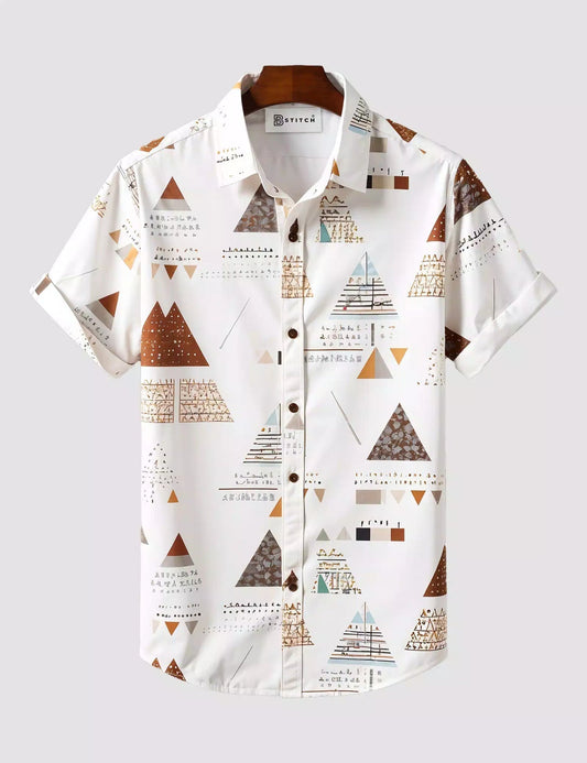 WHITE PYRAMID PRINTED DESIGNER MEN'S HALF SLEEVES SHIRT