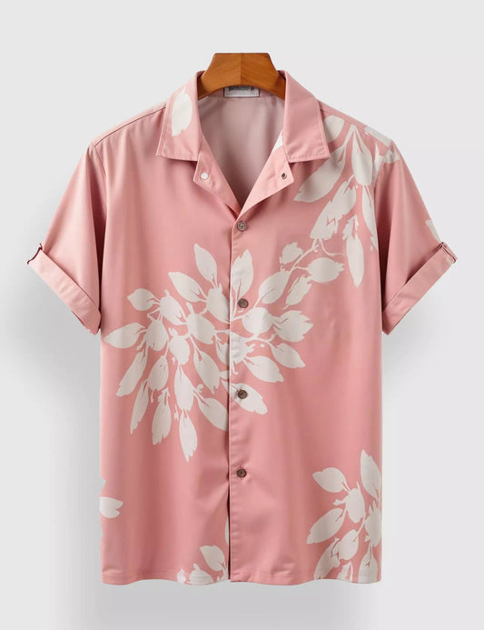 PINK FLORAL WORK DESIGNER MEN'S HALF SLEEVES PRINTED SHIRT