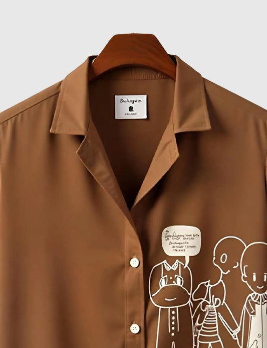 BROWN WHITE OUTLINE MEN'S HALF SLEEVES PRINTED SHIRT