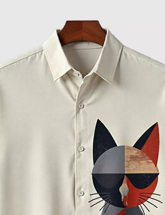 WHITE MULTICAT DESIGNER MEN'S HALF SLEEVES PRINTED SHIRT
