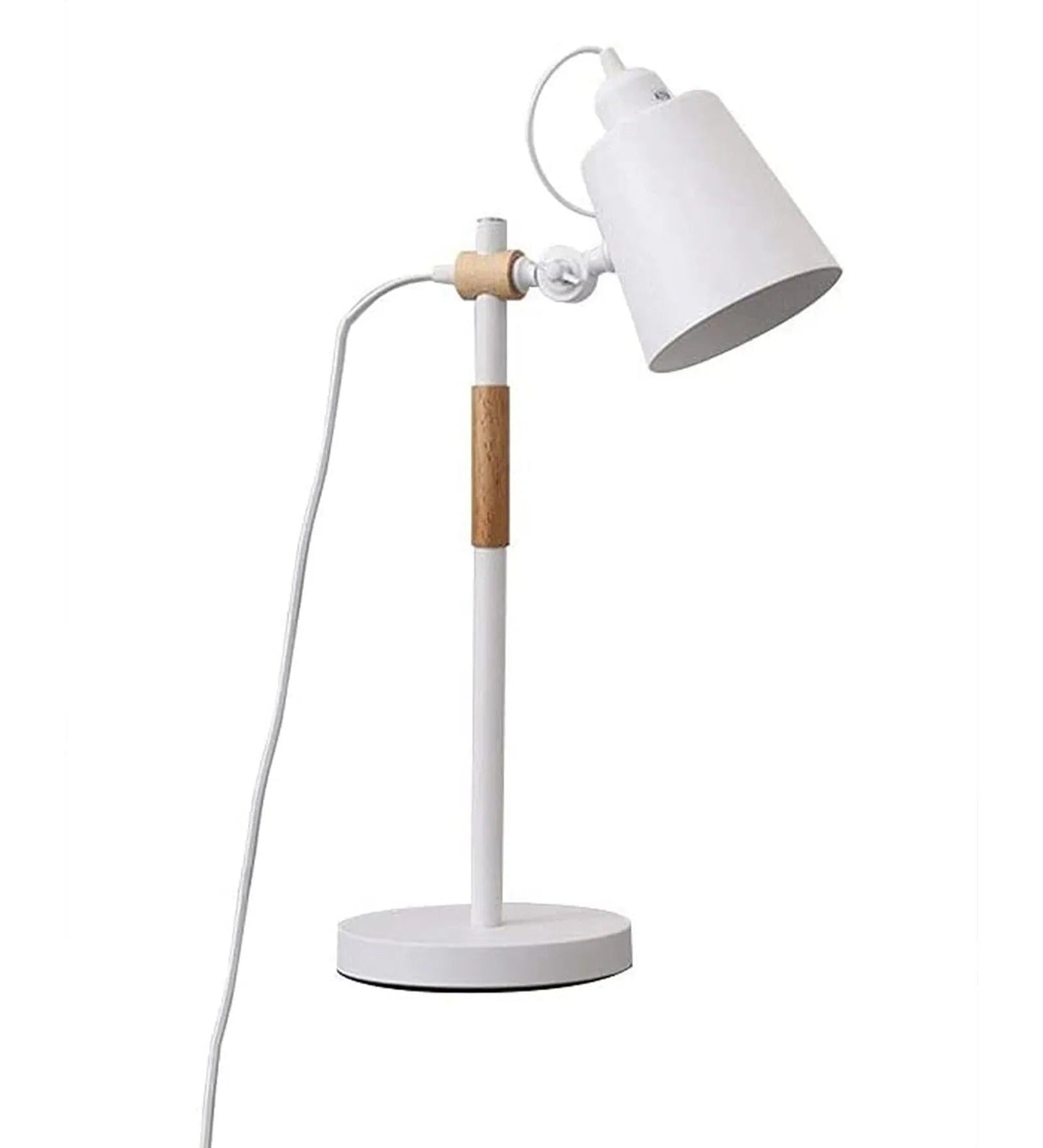 Nordic Adjustable White Metal Reading Lamp with Solid Natural Wood Base – Modern Study & Desk Lamp